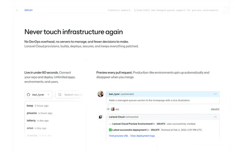 Laravel Cloud features section: headline above a bento grid of UI snippets for repo deploys, PR previews, resources, regions and pricing
