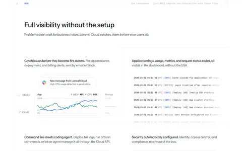 Laravel Cloud features section: headline above a 2x2 grid showing usage alerts, a log stream, a CLI terminal session and a security checklist