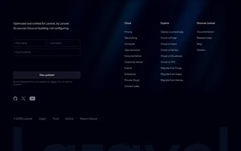 Laravel Cloud footer section: newsletter form and link columns above a giant faint Laravel wordmark on a dark navy background