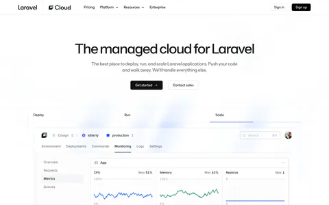 Laravel Cloud hero section: centered headline and two buttons above Deploy/Run/Scale tabs, a monitoring dashboard screenshot and a logo strip