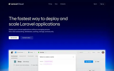 Laravel Cloud hero section: nav and left-aligned headline on dark navy above a dashboard screenshot over a blue-to-red glow