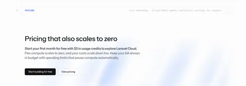 Laravel Cloud call-to-action section: left-aligned pricing headline with free-credit copy and two buttons over a faint blue glow on white