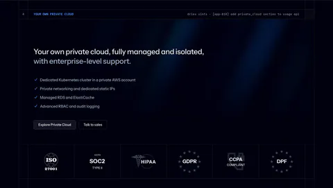 Laravel Cloud security section: headline, private cloud checklist and buttons above a row of ISO, SOC 2, HIPAA and GDPR badges on dark navy