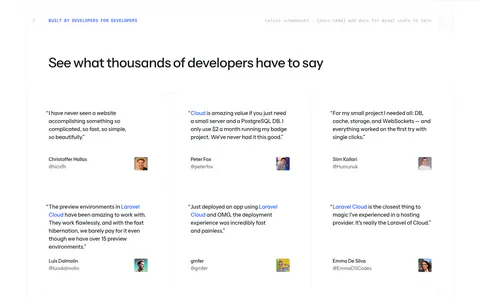 Laravel Cloud testimonials section: left-aligned headline above a 3x2 grid of developer quotes with names, handles and avatar photos