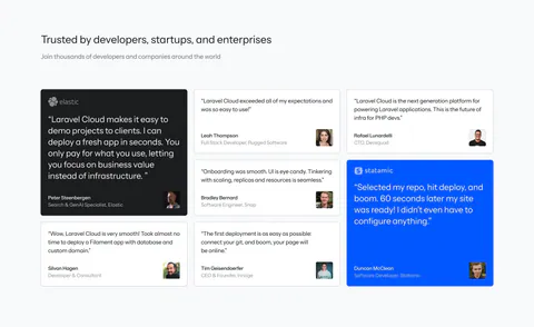 Laravel Cloud testimonials section: heading above a masonry grid of quote cards with avatars, one dark and one bright blue highlight card