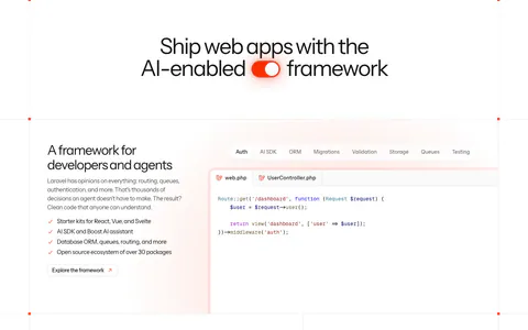 Laravel features section: centered headline with a toggle icon above a bento grid of code tabs, cloud, preview environment and monitoring panels