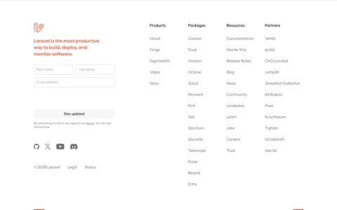 Laravel footer section: newsletter form and product, package, resource and partner link columns above a giant red Laravel wordmark on white