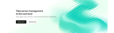 Laravel Forge call-to-action section: left-aligned headline and two buttons beside a streaky teal gradient artwork