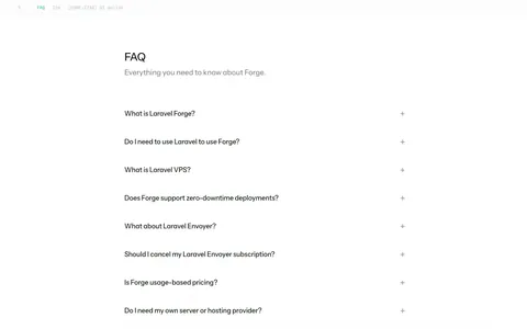 Laravel Forge FAQ section: heading above a long accordion list of questions with plus icons on white