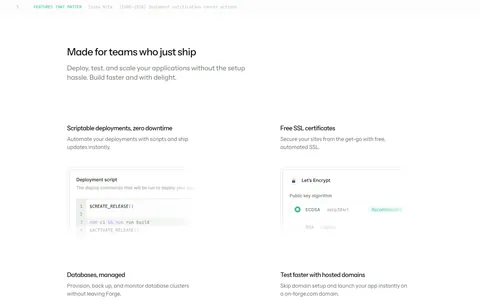 Laravel Forge features section: four large tiles with UI mockups incl. a deploy script, plus three text-only tiles on white