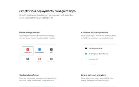 Laravel Forge features section: left-aligned heading above a 2x2 grid of feature cards with faded UI snippets on white