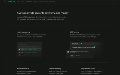 Laravel Forge features section: dark grid with two UI tiles (server list, web terminal) above three smaller feature tiles