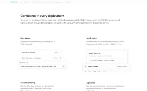Laravel Forge features section: heading above a 2x2 grid of monitoring cards with heartbeat, health check, chart and log UI