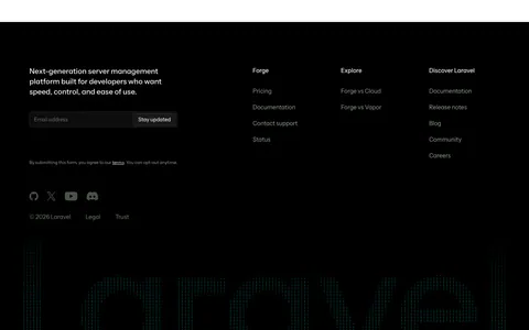 Laravel Forge footer section: dark footer with email signup, link columns, social icons and a huge dithered Laravel wordmark