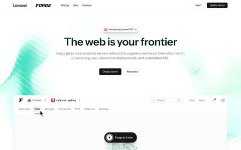 Laravel Forge hero section: centered headline and two buttons above a Forge dashboard screenshot with a play button on white