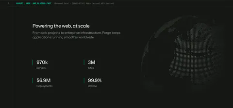 Laravel Forge stats section: four large metrics under a heading on the left with a dotted globe on the right, dark background