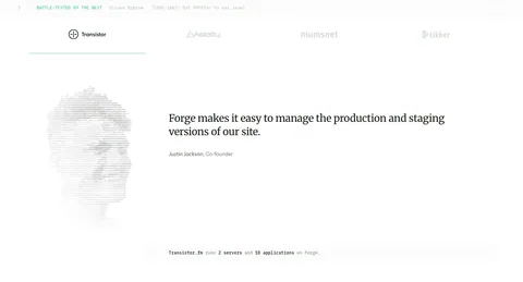 Laravel Forge testimonials section: customer logo tabs above a serif quote with an ASCII-art portrait on the left