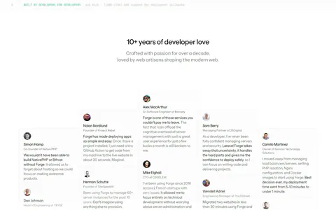 Laravel Forge testimonials section: centered heading above a staggered wall of testimonial cards with avatars and a Show more button