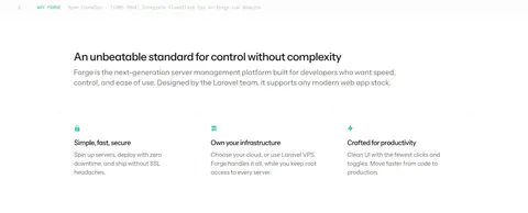 Laravel Forge value proposition section: left-aligned heading and intro above three bordered benefit columns with small teal icons