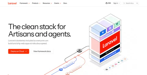Laravel hero section: left headline with an orange Deploy on Cloud button beside an isometric stack of Laravel, Nightwatch and Cloud layers