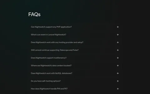 Laravel Nightwatch FAQ section: left-aligned FAQs heading above a dark accordion of 13 questions and a short customer quote below