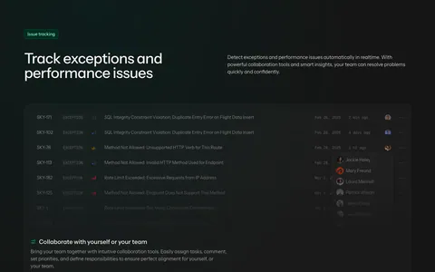 Laravel Nightwatch features section: headline above dark cards showing an exception list, threshold rules and an alert, plus a quote