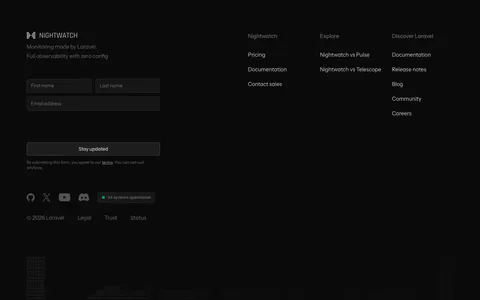 Laravel Nightwatch footer section: newsletter form and link columns above a giant dim Laravel wordmark built from digits on black
