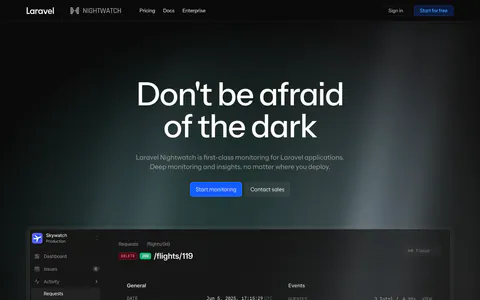 Laravel Nightwatch hero section: centered headline with blue and gray buttons above a dark request monitoring dashboard with a video pill