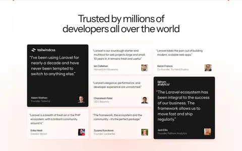 Laravel testimonials section: centered headline above a masonry grid of developer quote cards, two highlighted in black, on a soft pink fade