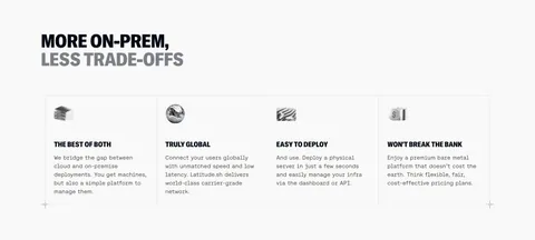 Latitude.sh features section: two-tone uppercase headline above four bordered columns with small 3D icons and monospace copy
