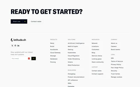 Latitude.sh footer section: large uppercase CTA headline with buttons above logo, email field and link columns on light gray