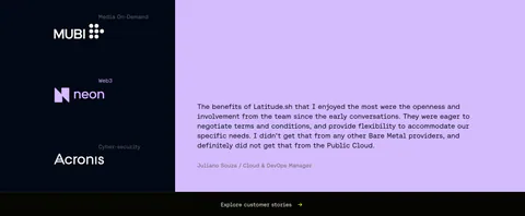 Latitude.sh testimonials section: customer logos stacked on a dark navy left panel beside a monospace quote on lavender
