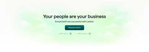 Lattice call-to-action section: centered headline, demo button and G2 and Capterra ratings over a soft green cloud glow background