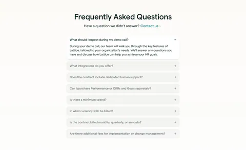 Lattice FAQ section: centered heading and contact link above a single-column accordion with the first question open, on warm off-white