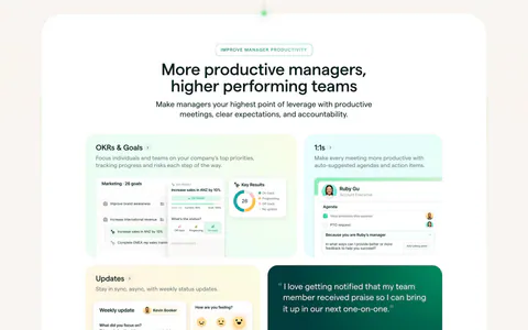 Lattice features section: centered heading above a bento grid of pastel cards with OKR, 1:1 and update UI mockups plus a green quote card