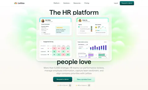 Lattice hero section: nav bar, large headline split around a grid of four HR product UI cards, centered copy, two CTAs and ratings on green glow