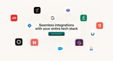 Lattice integrations section: centered headline and button surrounded by scattered app icons on a faint tile grid over warm beige