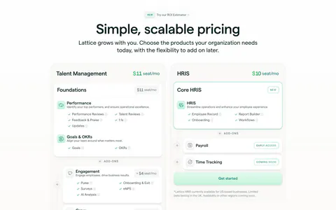 Lattice pricing section: centered heading above two plan cards, Talent Management with stacked add-ons and HRIS, with seat prices and checklists