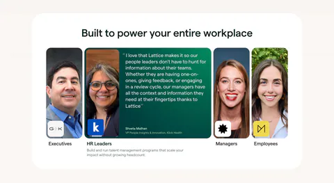 Lattice testimonials section: centered heading over a row of role portrait cards, one expanded into a green quote card from an HR leader
