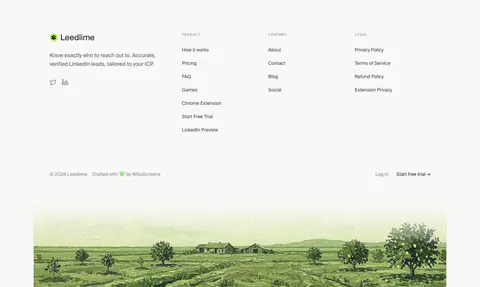 Leedlime footer section: logo, tagline and three link columns above a painted green farmland landscape strip on off-white