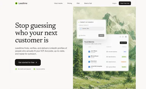 Leedlime hero section: serif headline and Get started button at left, lead-search UI cards over a painted mountain landscape at right