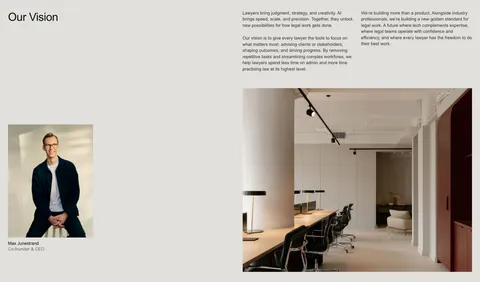 Legora about & mission section: Our Vision heading with text columns, a CEO portrait and a large office interior photo