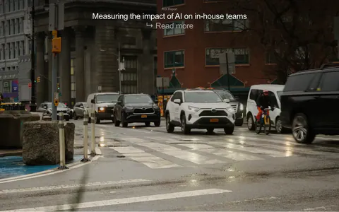 Legora blog & resources section: ROI report title and read more link over a full-bleed photo of a rainy city street