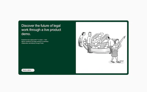 Legora call-to-action section: dark green card with headline and demo button left and a black-and-white cartoon right