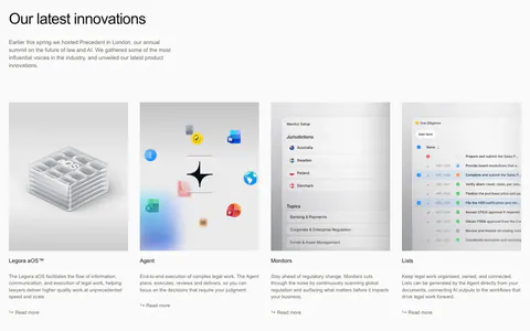 Legora features section: left headline and intro above four equal product cards with glass render and app screenshots