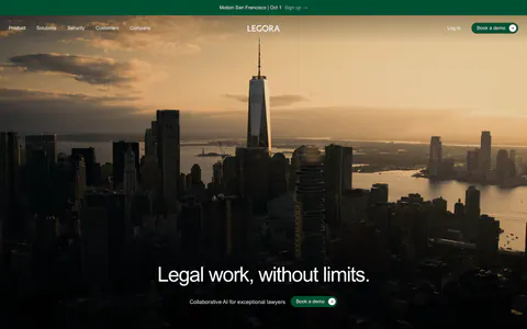 Legora hero section: centered headline and green demo button over a full-bleed dusk photo of the Manhattan skyline