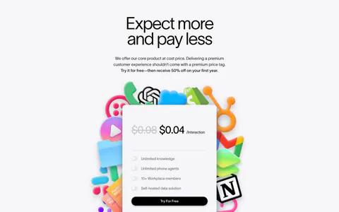 Lemni pricing section: centered headline above a single per-interaction price card with toggle features, framed by colorful 3D app icons