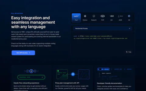 Lightning Proxies features section: dark split layout with API copy beside a language-tabbed curl snippet, above three feature cards