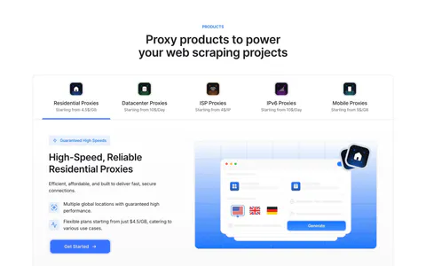 Lightning Proxies features section: centered heading over a five-product tab bar and a split panel with proxy copy and a blue UI mockup