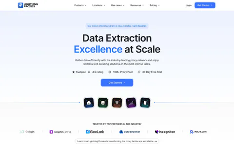 Lightning Proxies hero section: nav bar, centered headline with blue accent word, rating badges, CTA, product icons and a partner logo row
